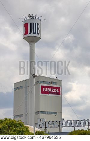 Simanovci, Serbia - August 22, 2022:  Company Jub Group Construction Material And Paints Factory Bui
