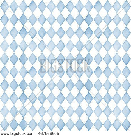 Seamless Watercolor Geometric Pattern With Blue Rhombus On Isolated Background. Hand Drawn Illustrat