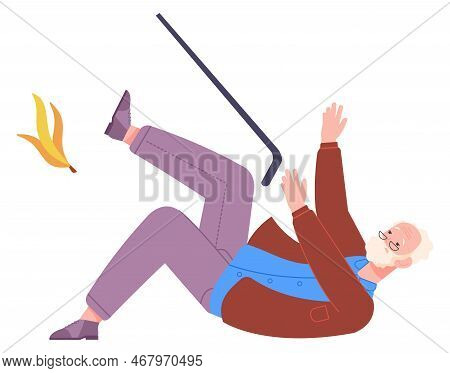 Old Man Slip On Banana Peel. Falling Down Accident Isolated On White Background