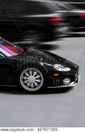 Kiev, Ukraine - June 19, 2021: Spyker C8 Laviolette. Black Luxury Supercar Spyker In Motion