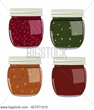 Vector Small Glass Jam Jars With Strawberry, Blueberry, Apricot, Apple, Cherry, Kiwi, Orange And Ras