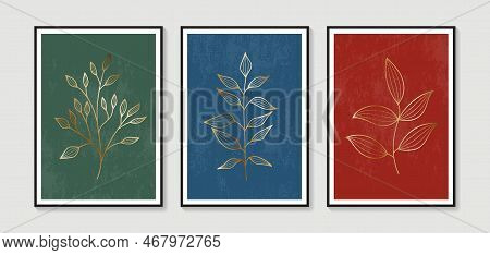Botanical Wall Art Vector Set. Foliage Line Art Drawing With Abstract Shape. Abstract Plant Art Desi