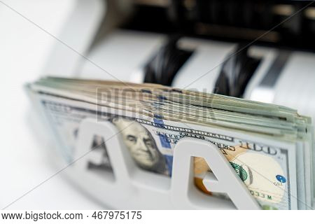 Counting Dollars In Banking Professional Machine. Bank System Calculating Banknotes.
