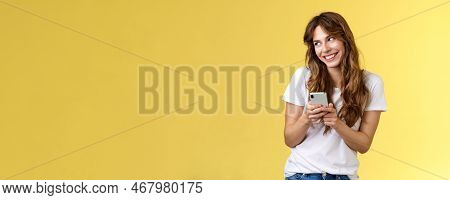 Lovely Silly Cute Flirty Girl Texting Receive Romantic Lovely Gesture Look Away Blushing Modest Smil