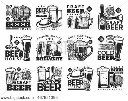 Craft Beer And Tankards Brewery Icons. Oktoberfest Beer Festival, Bar Or Pub Monochrome Vector Retro