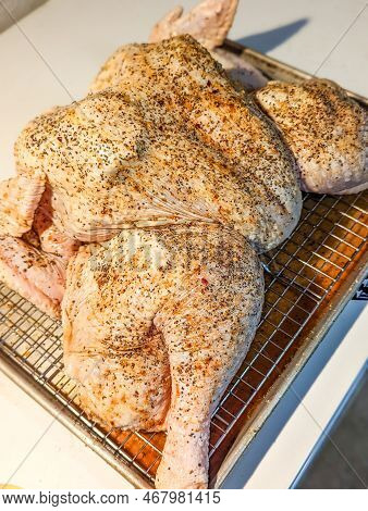 Spatchcocked Turkey Prepared For Smoking For Thanksgiving Dinner