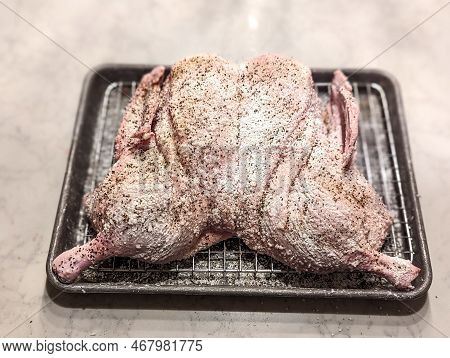 Spatchcocked Tduck Prepared For Smoking For Thanksgiving Dinner
