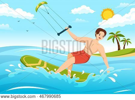 Kitesurfing Illustration With Kite Surfer Standing On Kiteboard In The Summer Sea In Extreme Water S