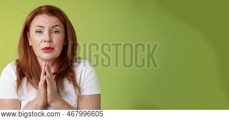 Please Need Help Asap. Tender Timid Redhead Middle-aged Woman Plead Press Palms Together Pray Beggin