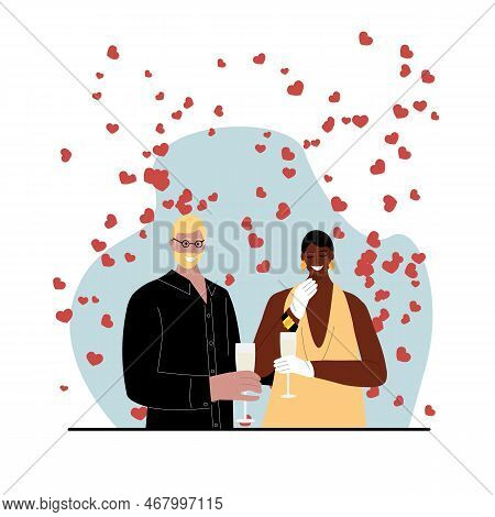 A Young Couple, A Dark-skinned Girl And A Fair-skinned Guy, Drink Champagne And Hearts Fly Around. V