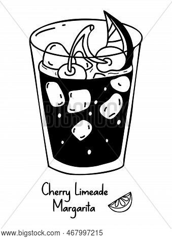 Mexican Cocktail. Cherry Limeade Margarita. Vector Hand Drawing Doodle. Latin American Alcoholic Dri