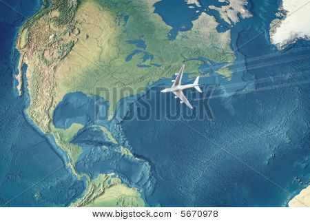 Bílý civilní letadlo přes Atlantický oceán do Usa