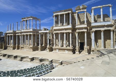 Roman theater in Merida, the theater, today, is used for theatrical performances, Merida, Badajoz, Extremadura, Spain