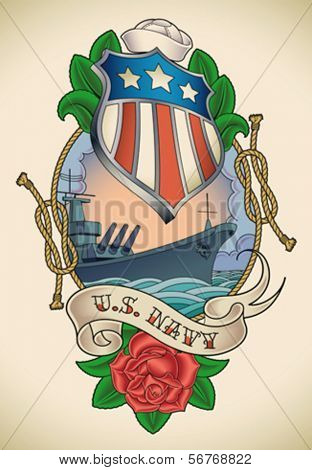 Vecchia scuola di tatuaggio di una stella a strisce scudo, corazzata, banner e rosa. Illustratio vettoriali modificabili