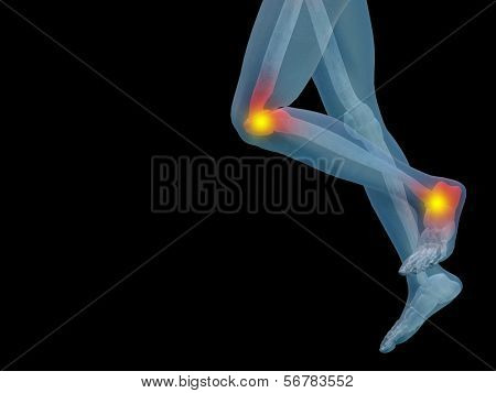 Conceptual 3D human man anatomy or health design, joint or articular pain, ache or injury isolated on black background