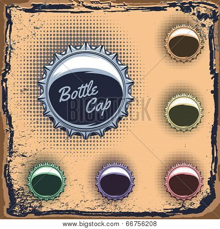 Set Of Multicolored Bottle Caps On Grungy Background