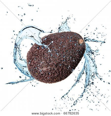 Fresh avocado with water splash over white background