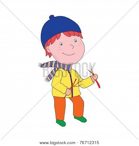 Editable Vector Illustration. Boy In Coat And Hat With Branch. I