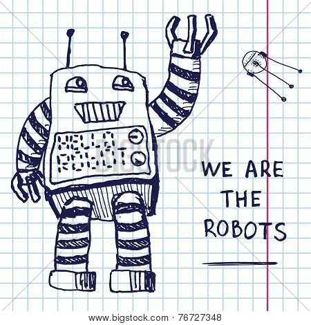 Vector Hand Draw Robot On Exersize Book. Eps10
