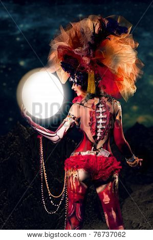 Girl in painted Halloween costume. Body art
