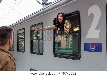 parr on arrival or verabschiedeung on a platform at a station