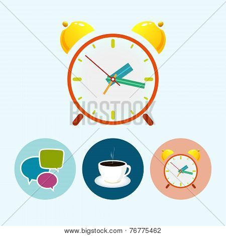 Set Icons With   Speech Bubble , Cup Of Tea ,alarm Clock, Cup Of Coffee, Vector Illustration