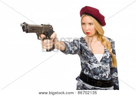 Woman soldier isolated on white