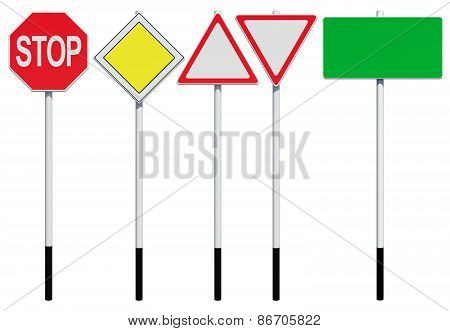Collection road signs. Front view. Isolated