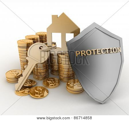3d house symbol with key on Pile of gold coins covered by protection shield. Concept of protection of mortgage credit