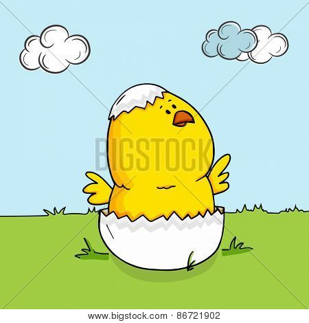 Cute chick coming out from crack egg on nature background for Happy Easter celebration.