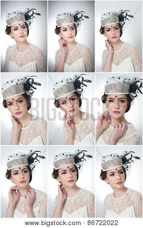 Hairstyle and make up - beautiful young girl art portrait. Cute brunette with white cap and veil
