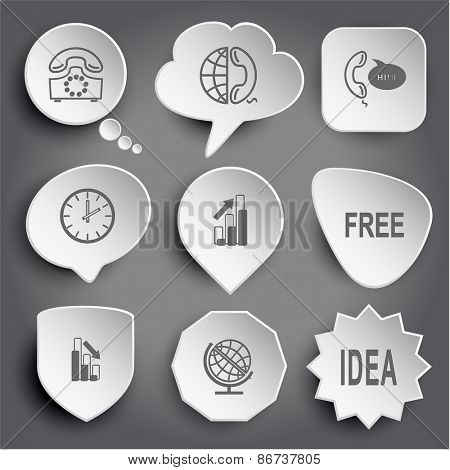 rotary phone, globe and phone, support, clock, diagram, free, graph degress, idea. White raster buttons on gray.