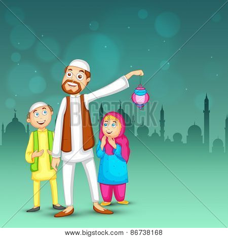 Happy religious muslim family, Father and kids on the occasion of Islamic holy month of prayers, Ramadan Kareem.