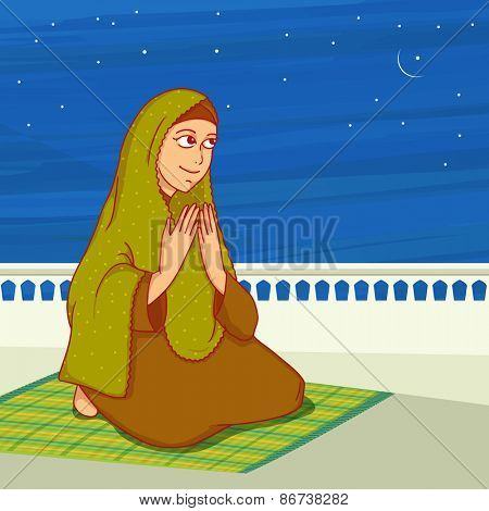 Religious Muslim lady, reading Namaz (Namaz, Muslim prayer) in the night, Concept for Islamic holy month of prayers, Ramadan Kareem. 