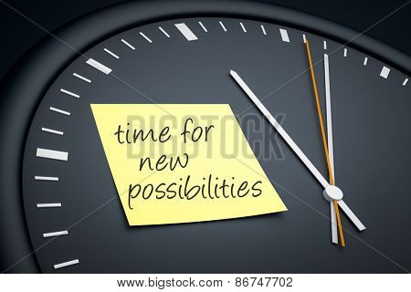 An image of a dark clock with a sticky note and message time for new possibilities