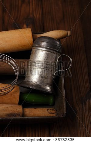 Vintage  Baking utensils collection - rolling pins and flour sifter