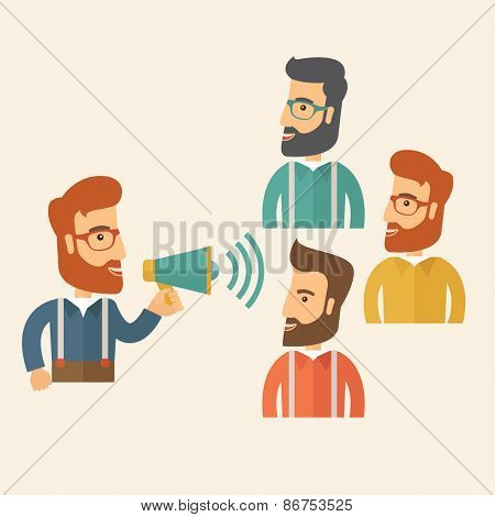 Three hipster Caucasian business people with beard at office smiling together happy listening to their speaker holding a megaphone discussing a business proposal. Business meeting concept. 