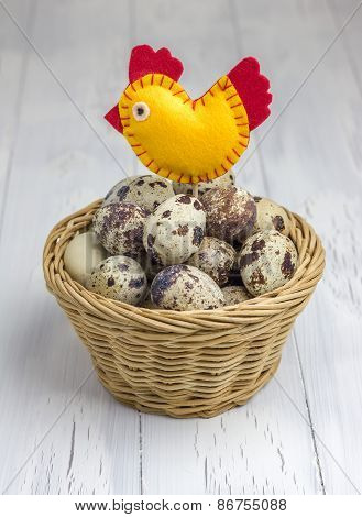 Many Quail Eggs In The Basket, Decorated With A Handmade Bird