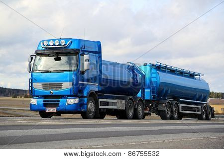 Blue Renault Premium 460 Tank Truck On The Road