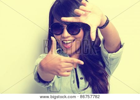 Young Woman Happy Posing Like Capture A Picture