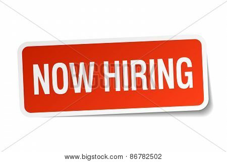 Now Hiring Red Square Sticker Isolated On White
