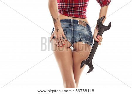 Nice Sexy Woman Mechanic Showing  Bum Buttock  And Holding Wrench
