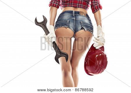 Nice Sexy Woman Mechanic Showing  Bum Buttock  And Holding Wrench