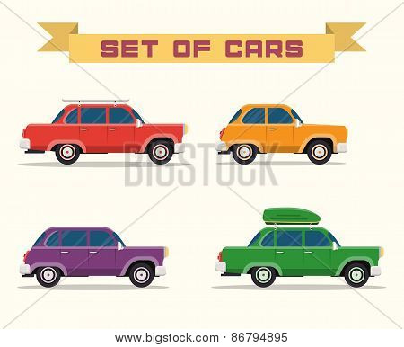 set with vintage cars, flat style