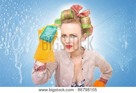 Funny Housewife With Scubberr Cleaning Window / Glass . Foam / Soap On Glass