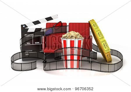 Cinema Clapper Board, Popcorn, 3D Glasses, Theater Seat And Tickets Wrapped Film Strip.