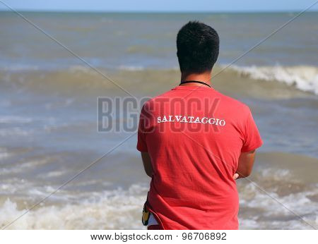 Lifeguard And The Jersey With Rescue Written In Italian