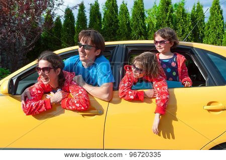 Family car trip on summer vacation, happy parents travel with kids and having fun