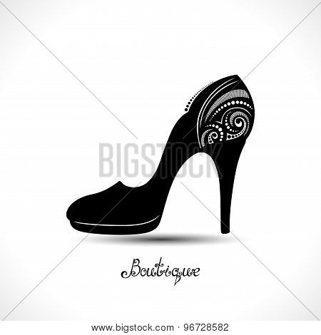 Vector Decorative Ornate Women's Shoe With Hand Drawn Incsription Boutique