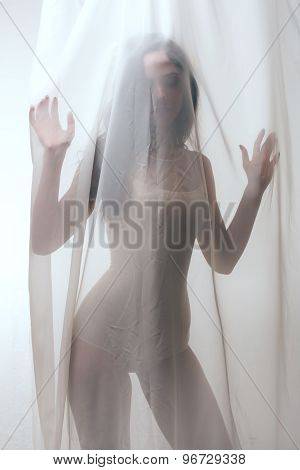 lady in combidress behind tulle